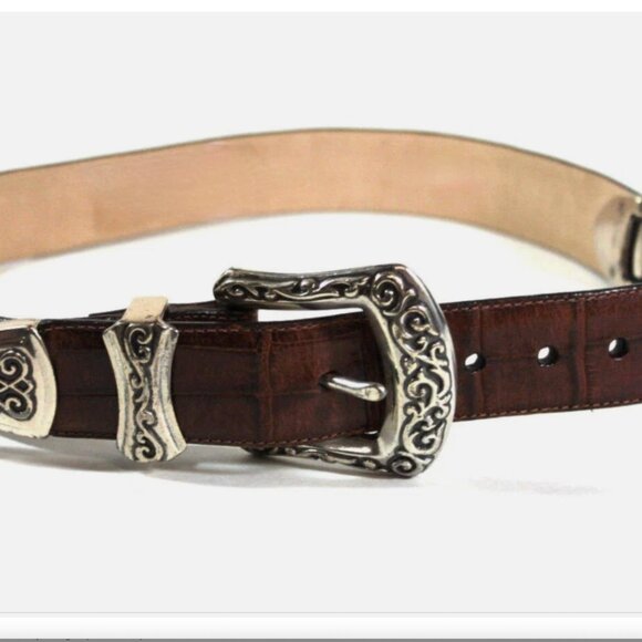 BRIGHTON Brown Pressed croc Leather belt with Silver hardware Size M - Picture 2 of 16